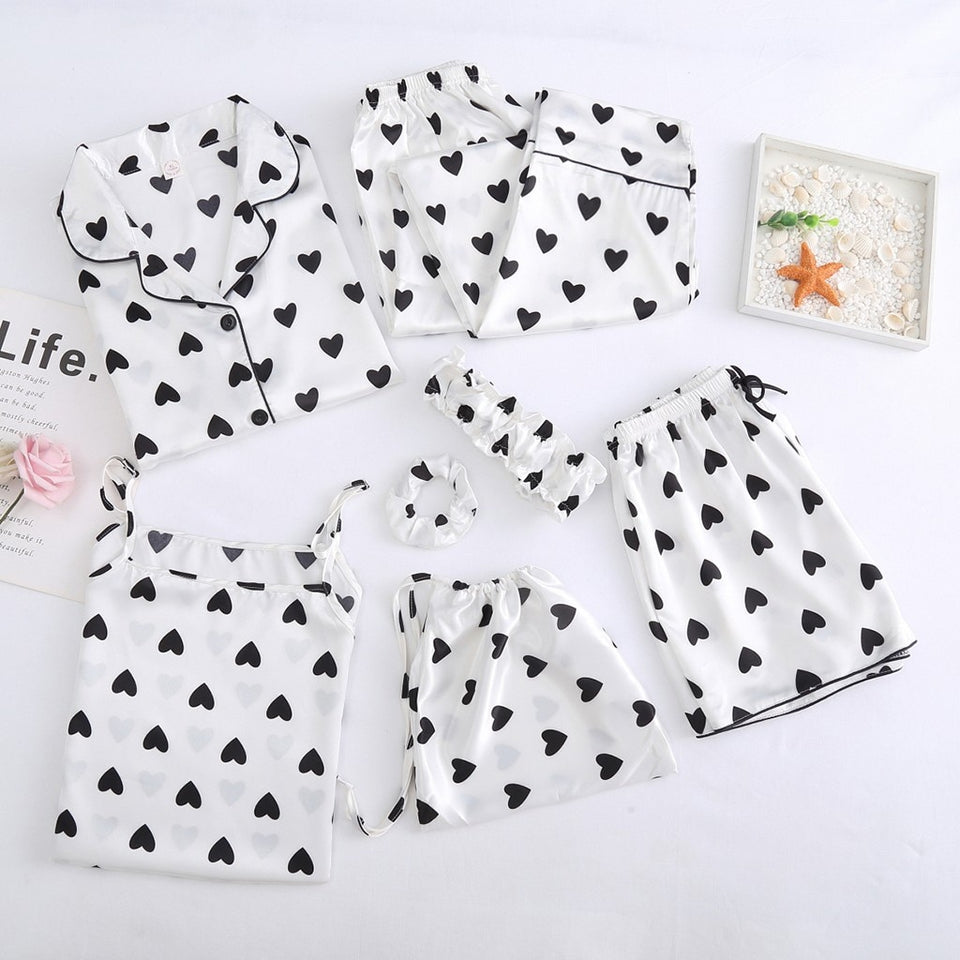 7pcs Satin heart print Pajamas Set