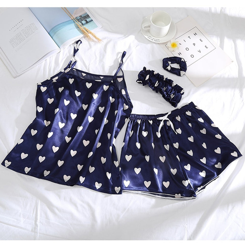 7pcs Satin heart print Pajamas Set