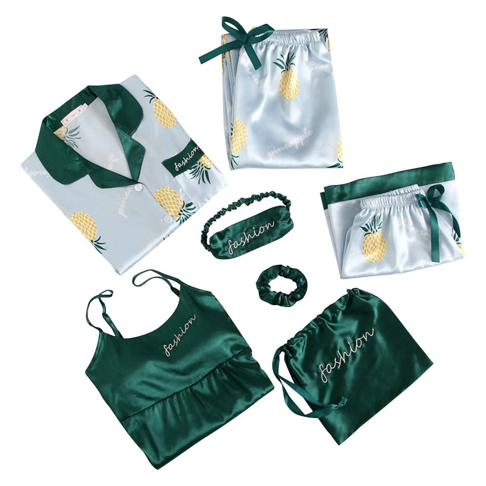 7pcs Satin Pineapple print Pajamas Set