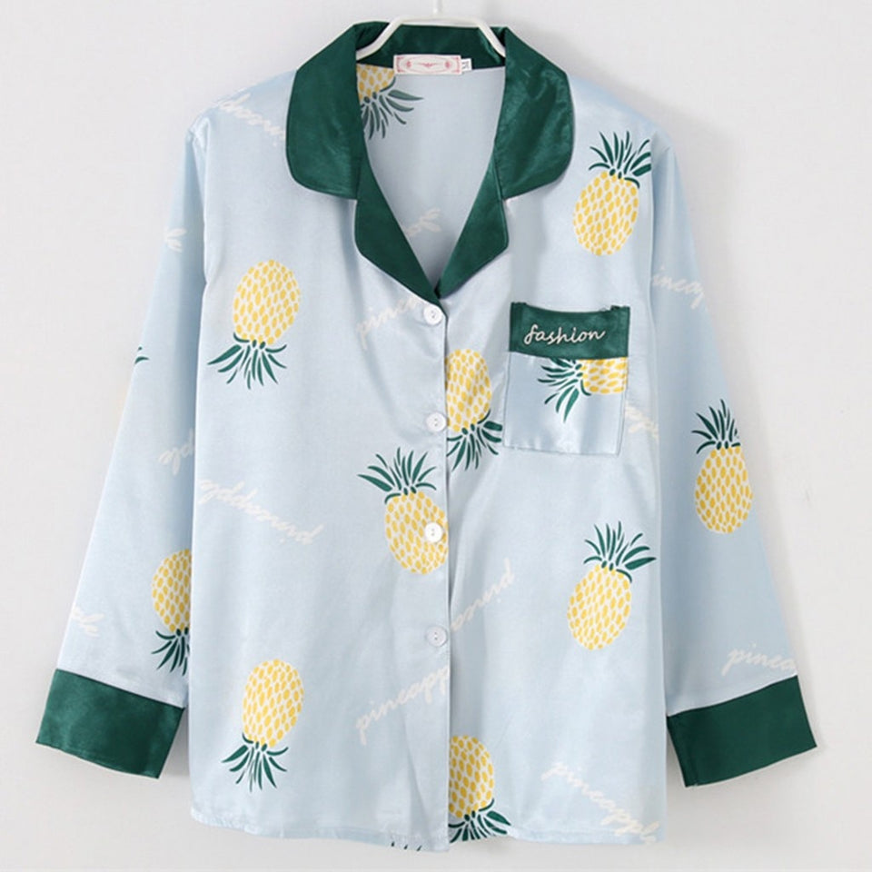 7pcs Satin Pineapple print Pajamas Set