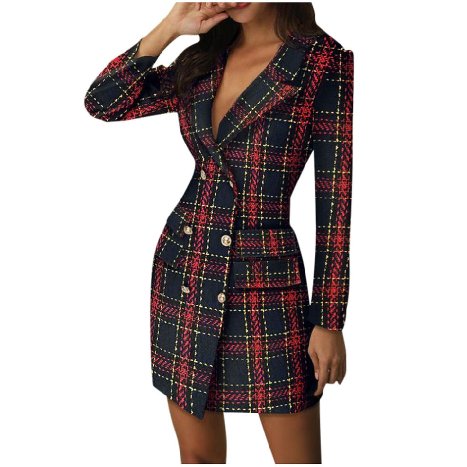 Plaid Jacket Button Office Lady Formal Dress