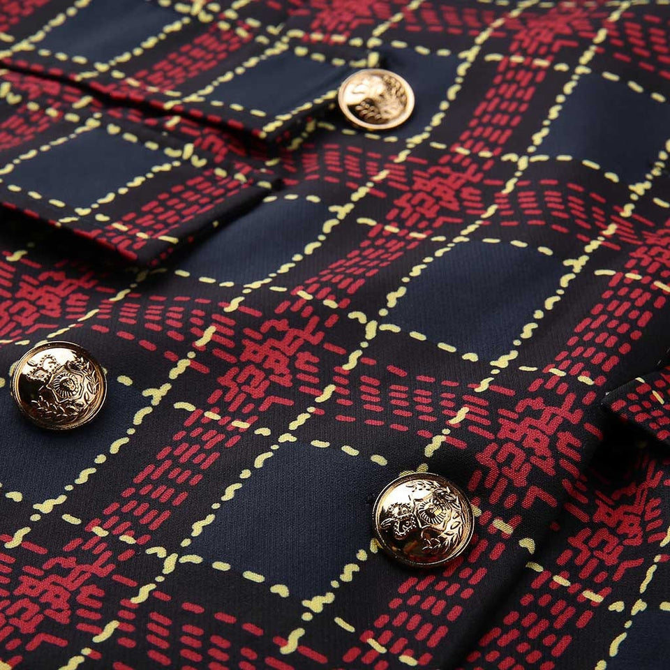 Plaid Jacket Button Office Lady Formal Dress