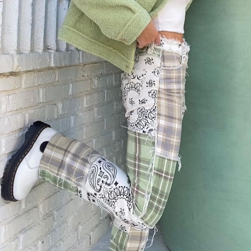 Checkered Print Skinny High Waist Denim