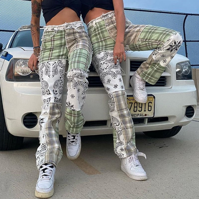 Checkered Print Skinny High Waist Denim