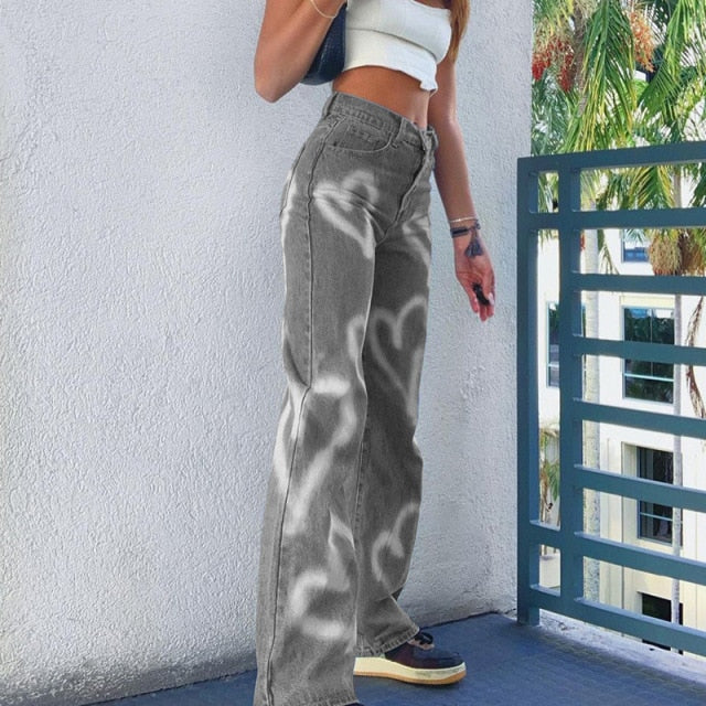 High Waist Heart Straight Jeans
