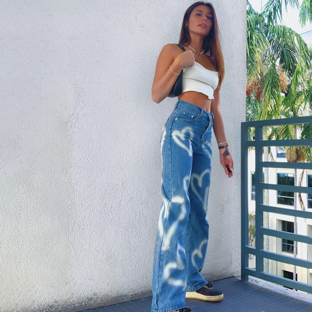 High Waist Heart Straight Jeans