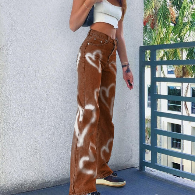 High Waist Heart Straight Jeans