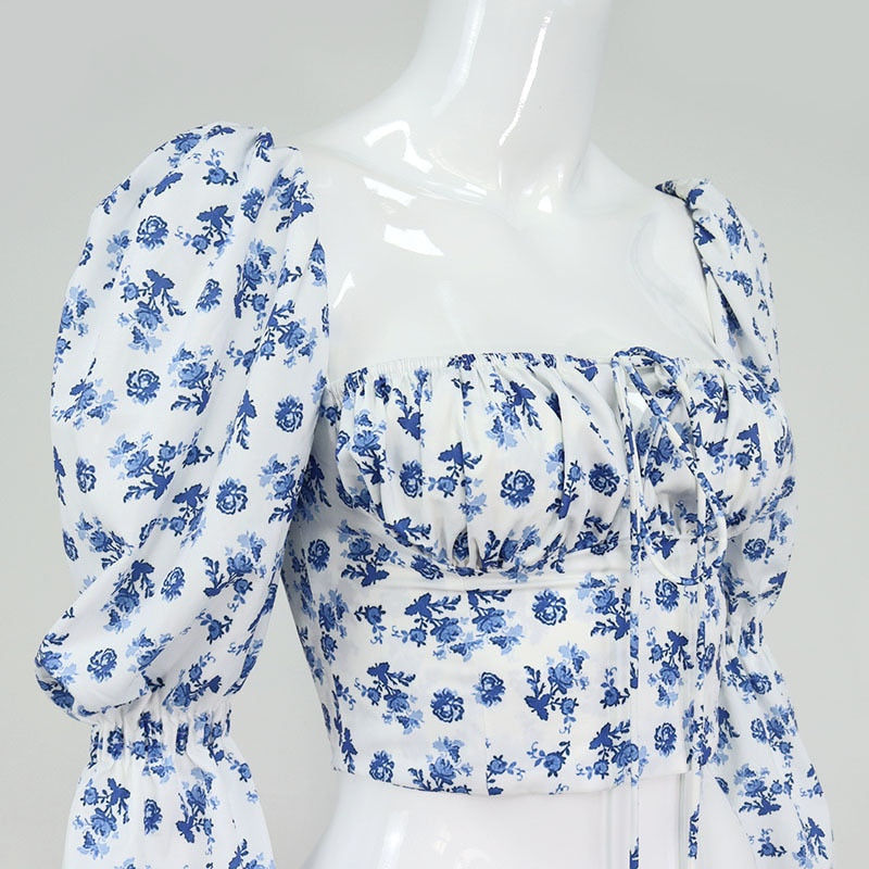 Blue Floral Print Puff Sleeve Boho Blouse