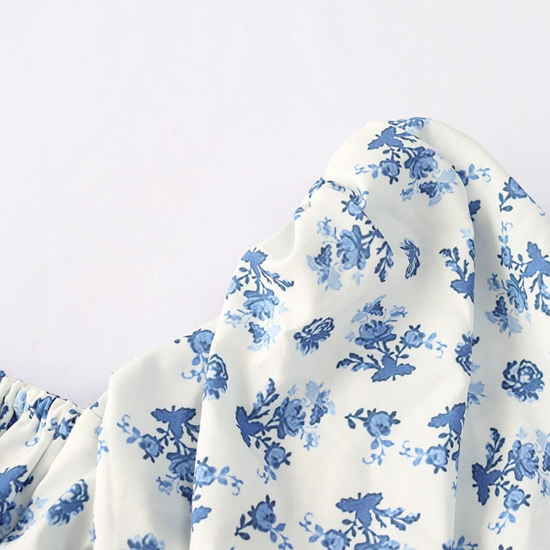 Blue Floral Print Puff Sleeve Boho Blouse