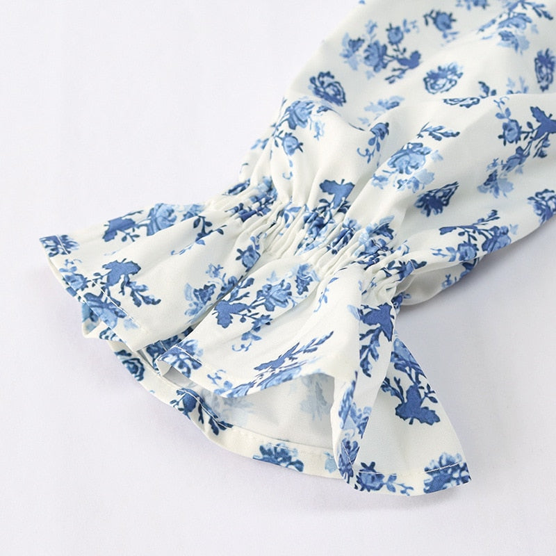 Blue Floral Print Puff Sleeve Boho Blouse