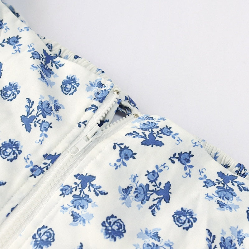 Blue Floral Print Puff Sleeve Boho Blouse