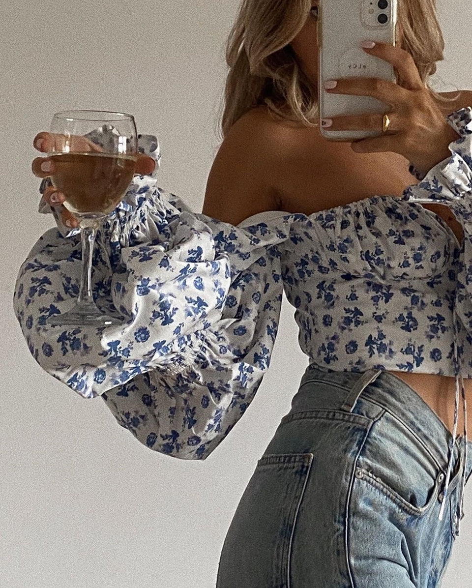 Blue Floral Print Puff Sleeve Boho Blouse