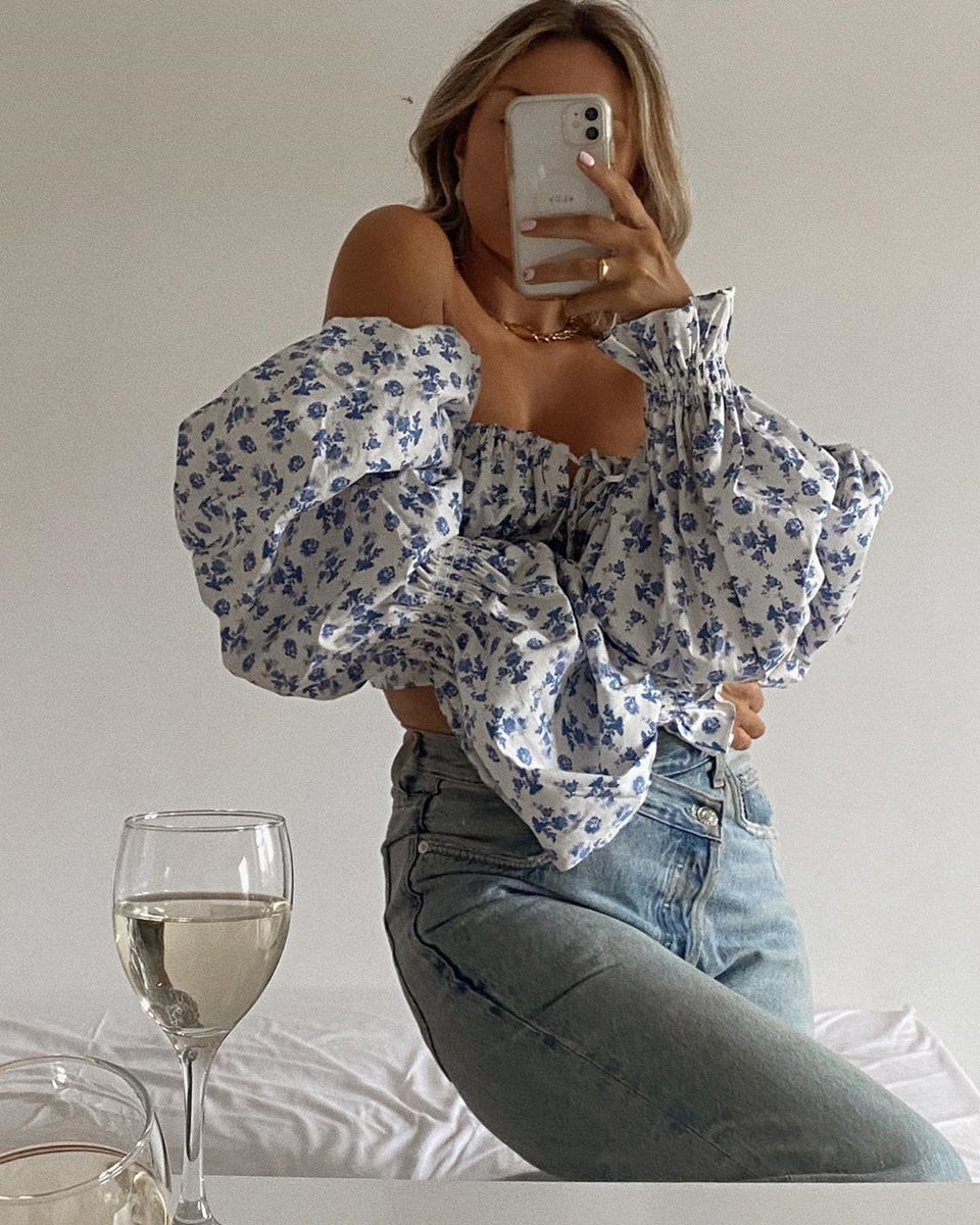 Blue Floral Print Puff Sleeve Boho Blouse
