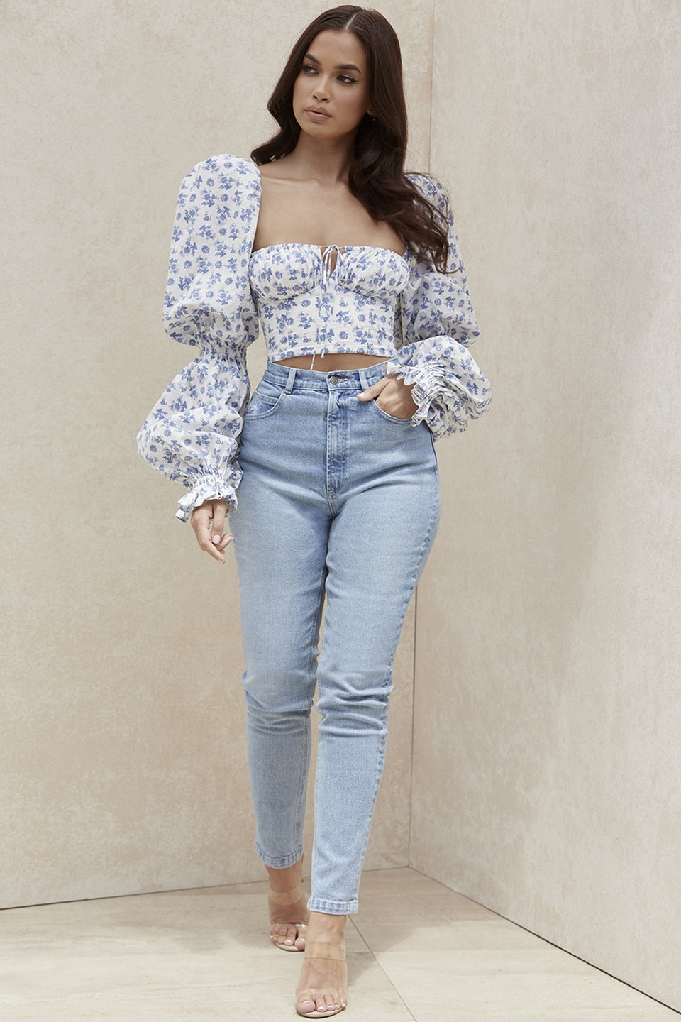 Blue Floral Print Puff Sleeve Boho Blouse