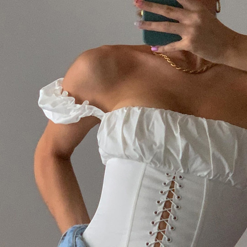 Off Shoulder Lace Up Blouse