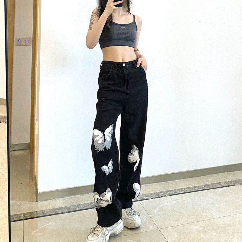 Butterfly Printed High Waist Jeans