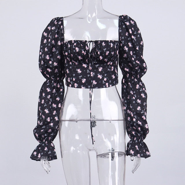 Blue Floral Print Puff Sleeve Boho Blouse
