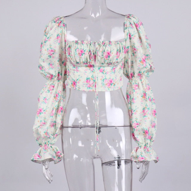 Blue Floral Print Puff Sleeve Boho Blouse