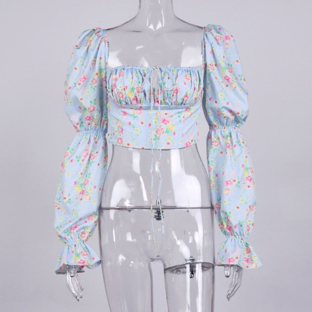 Blue Floral Print Puff Sleeve Boho Blouse