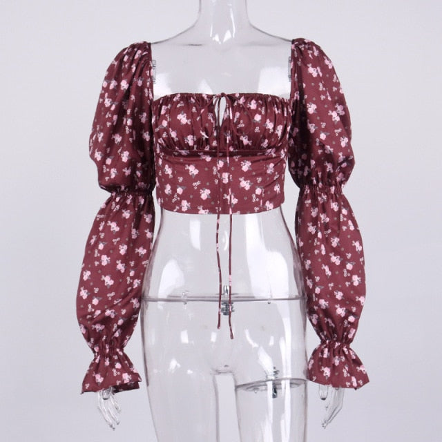 Blue Floral Print Puff Sleeve Boho Blouse