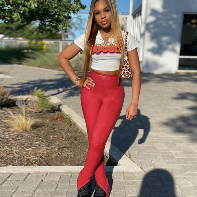 Faux PU Leather Women Side Split Pants