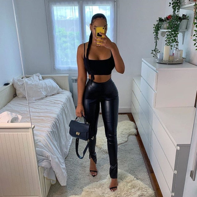 Faux PU Leather Women Side Split Pants