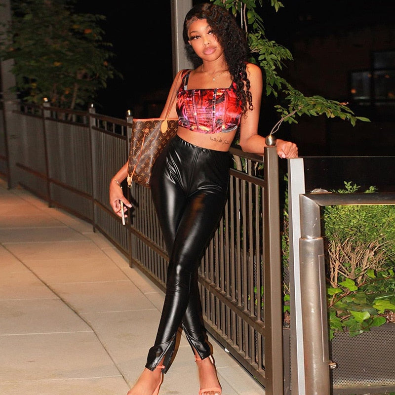 Faux PU Leather Women Side Split Pants