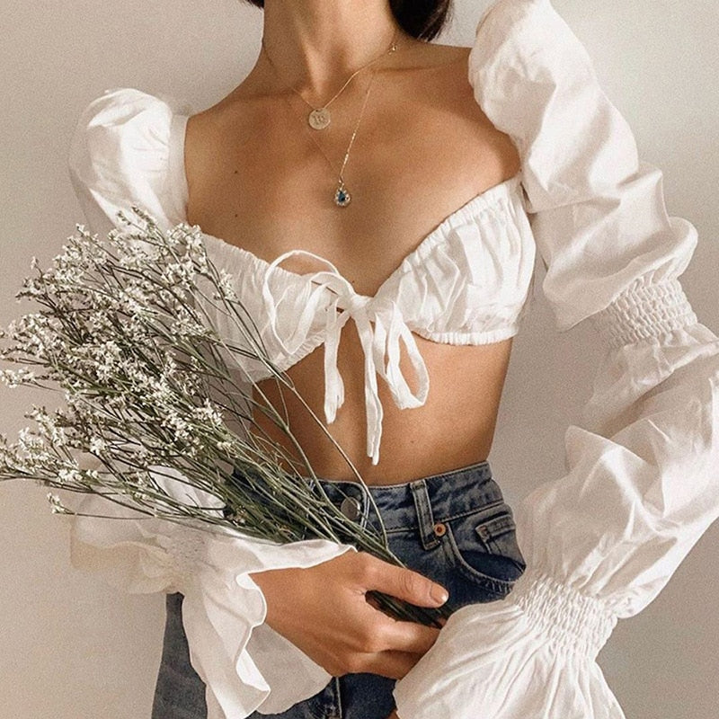 Shirred White Puff Sleeve Top
