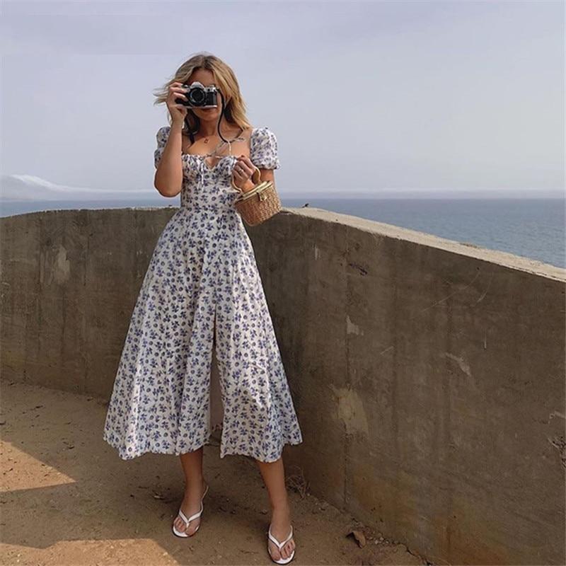 Blue Boho Print Slit Romantic SunDress