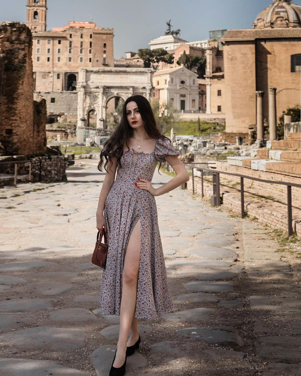Grey Boho Print Slit Romantic SunDress