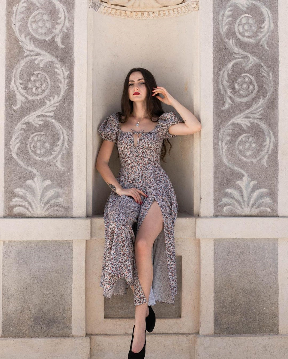 Grey Boho Print Slit Romantic SunDress