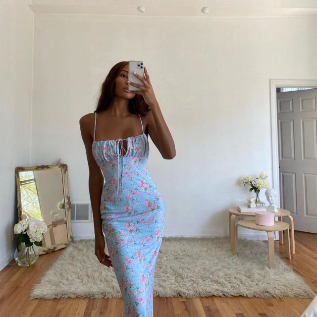 Sky Blue Boho Print Slit Romantic SunDress
