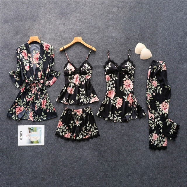 Silk Floral Overall Print 5Pcs Pajama Set