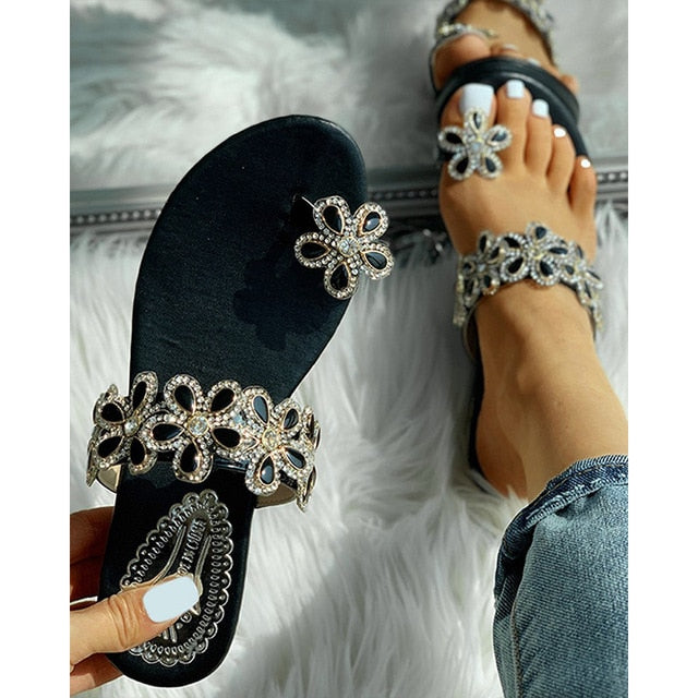 Crystal Floral Flat Toe Sandal
