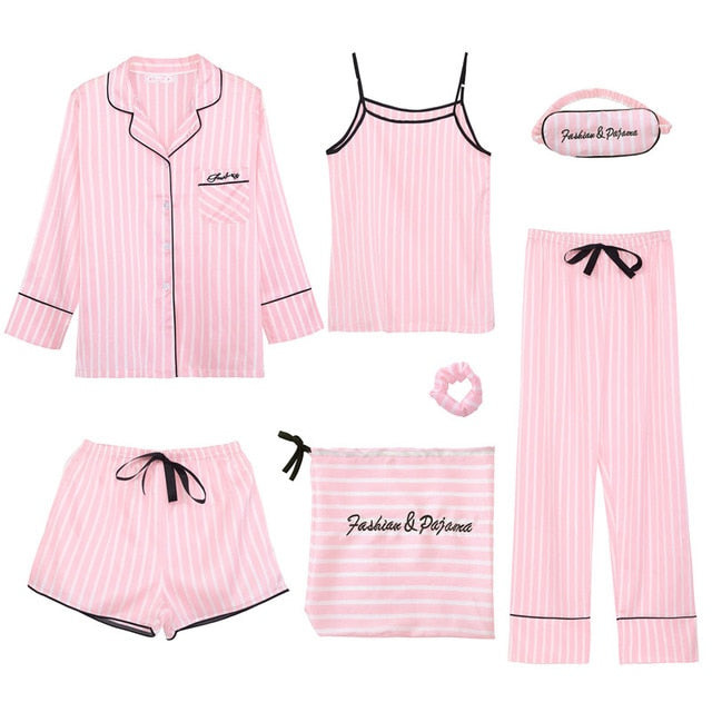 7 Pieces Pink Striped Pajama set
