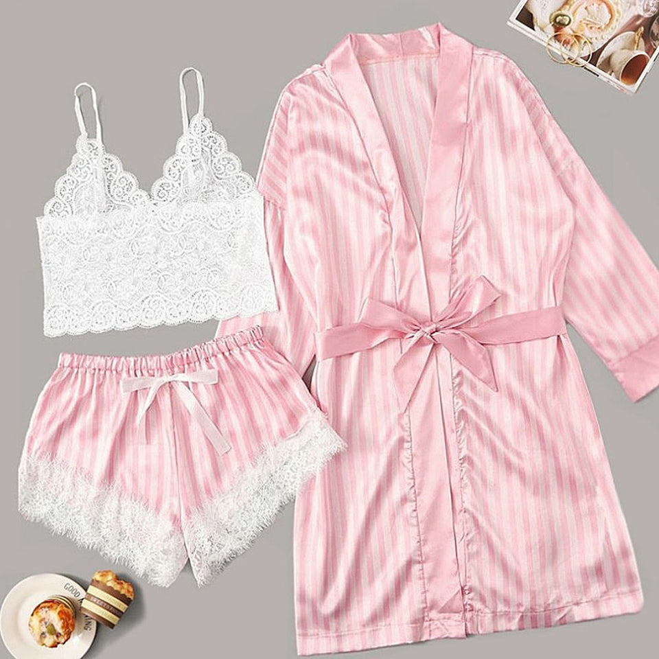 Pink satin laced Cami set with Robe