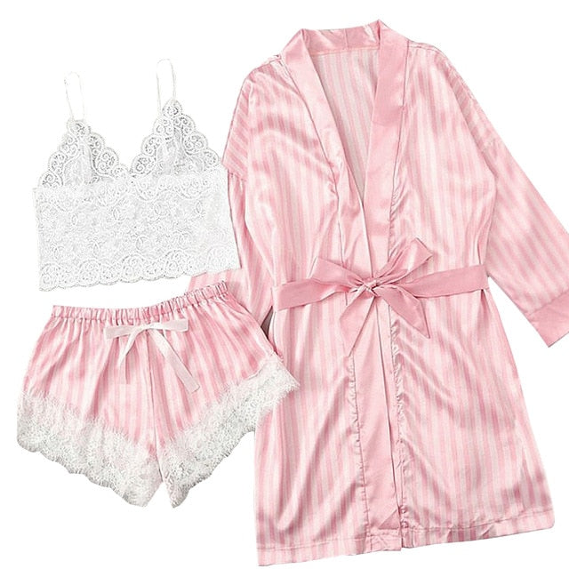 Pink satin laced Cami set with Robe