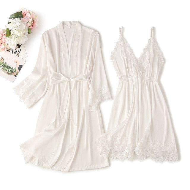 Two pieces lace robe & gown set