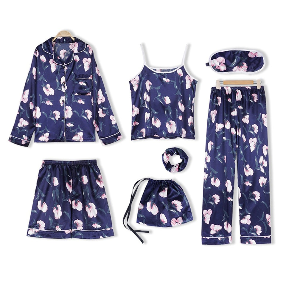7pcs Satin Floral print Pajamas Set