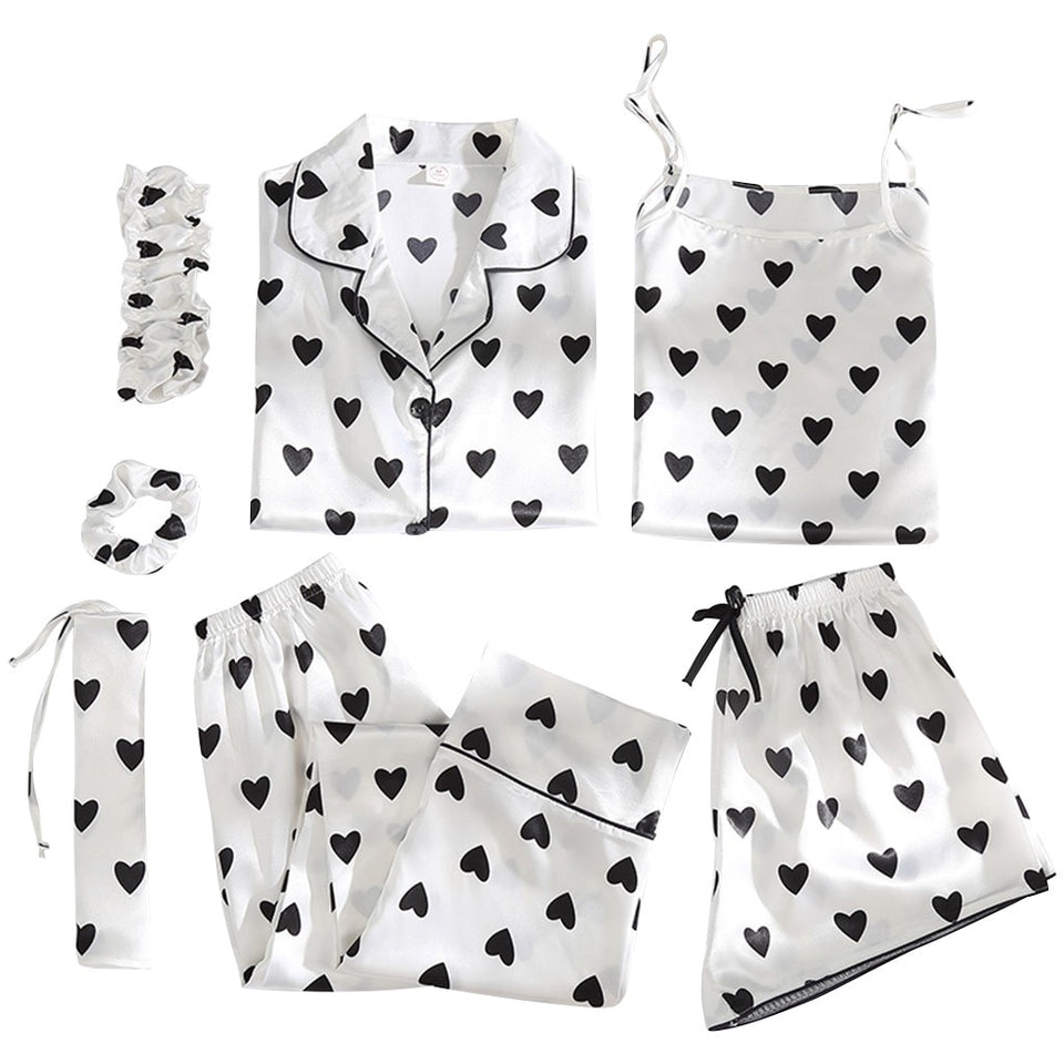 7pcs Satin heart print Pajamas Set