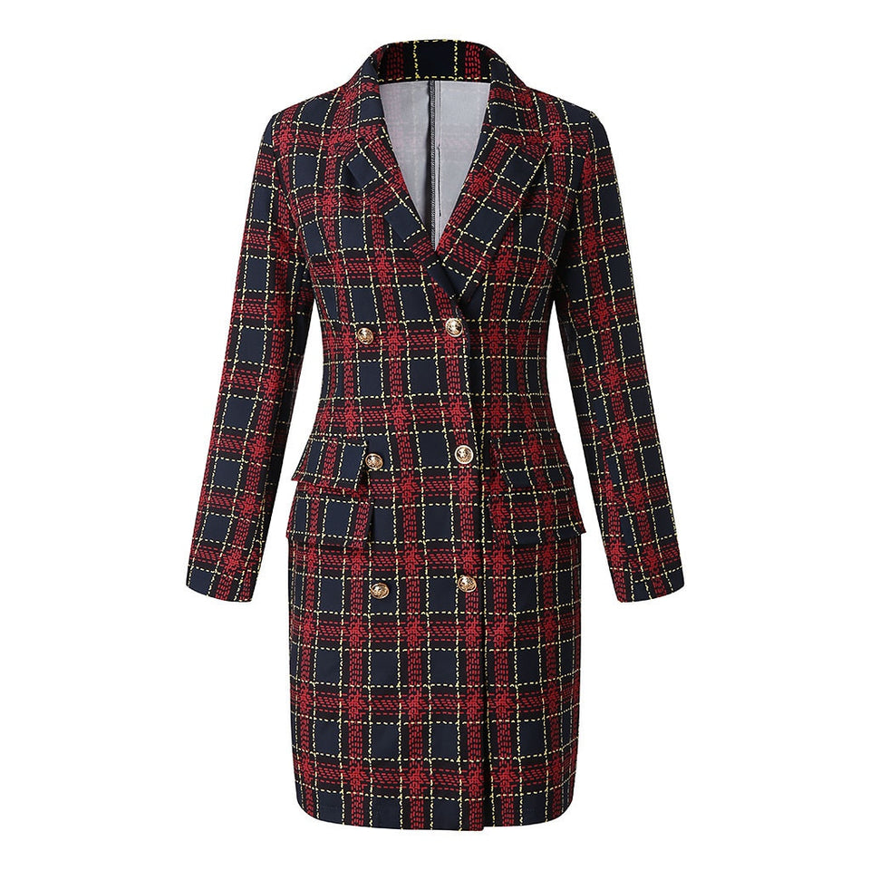 Plaid Jacket Button Office Lady Formal Dress