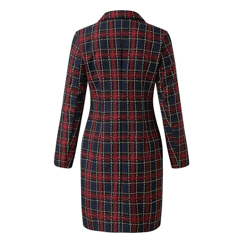 Plaid Jacket Button Office Lady Formal Dress