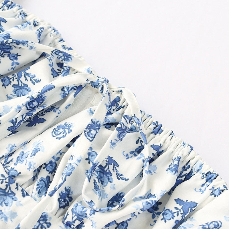 Blue Floral Print Puff Sleeve Boho Blouse