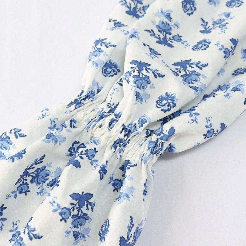 Blue Floral Print Puff Sleeve Boho Blouse
