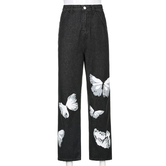 Butterfly Printed High Waist Jeans